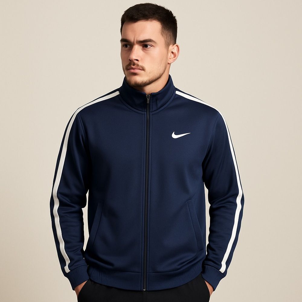 Nike Men's Dark Blue Windbreaker with White Stripes Size S
